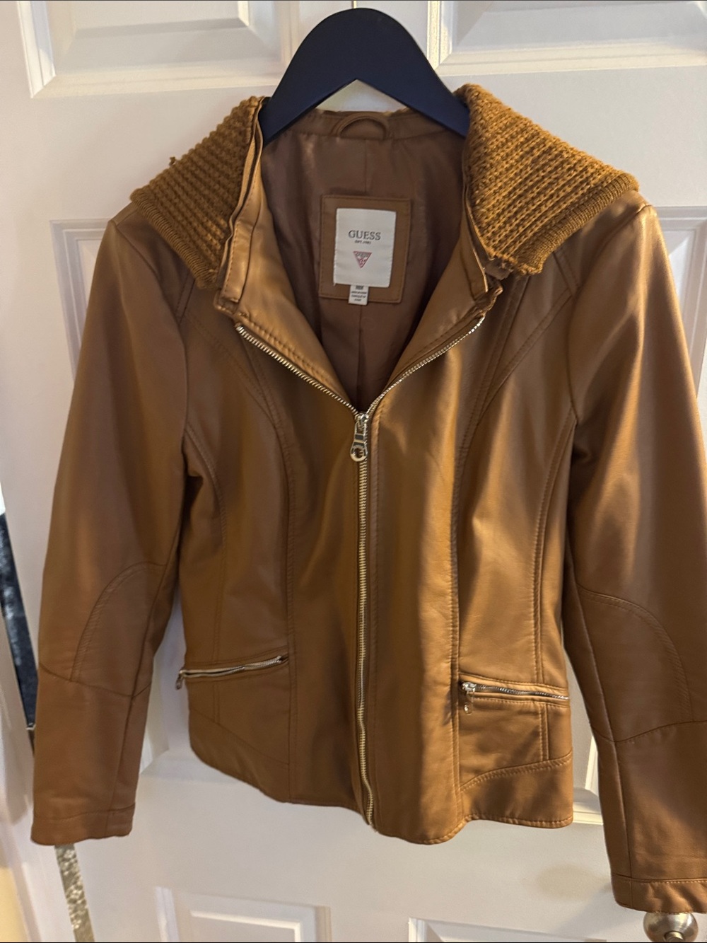 GUESS Women's Brown Faux Leather Jacket with Knit Collar